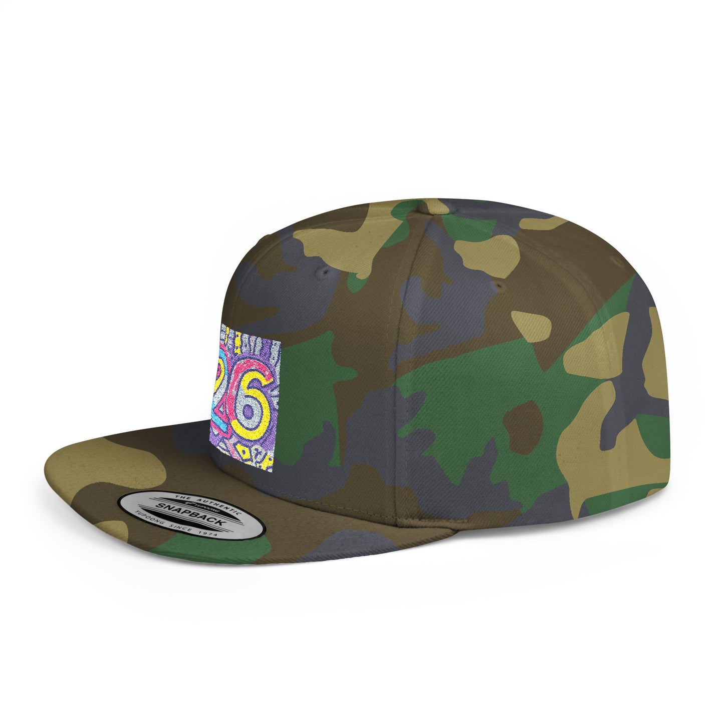 Camouflage Flat Bill Snapback Hat – Colorful ‘26’ Design