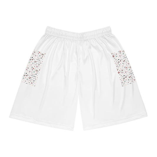 Basketball Shorts — White AOP Shorts with Confetti Pocket Panels