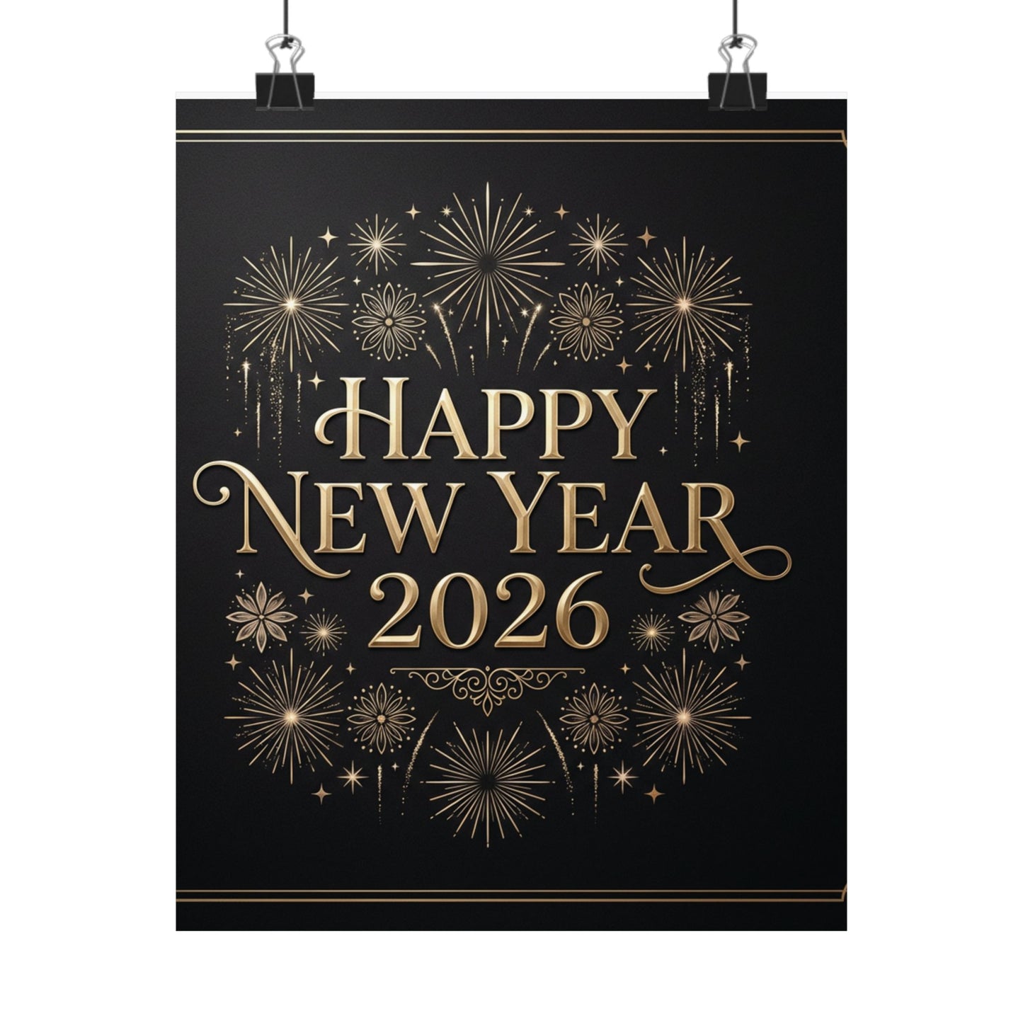 Happy New Year 2026 Matte Vertical Poster — Gold Fireworks Celebration Print