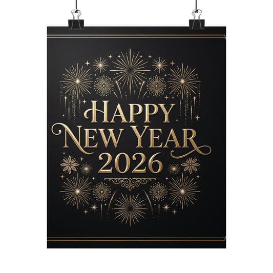 Happy New Year 2026 Matte Vertical Poster — Gold Fireworks Celebration Print