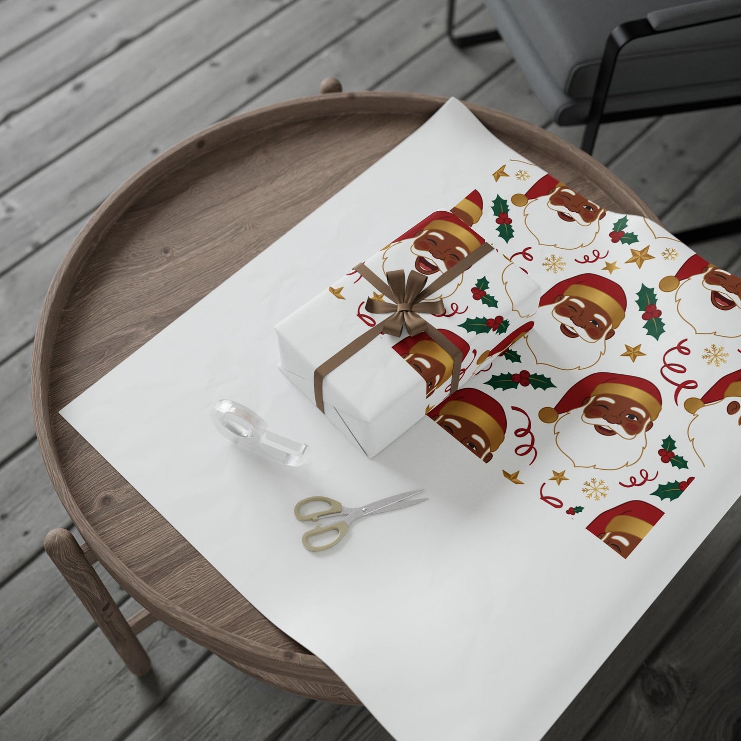 Black Santa Claus Wrapping Paper - Festive Holiday Gift Wrap with Holly & Ribbons