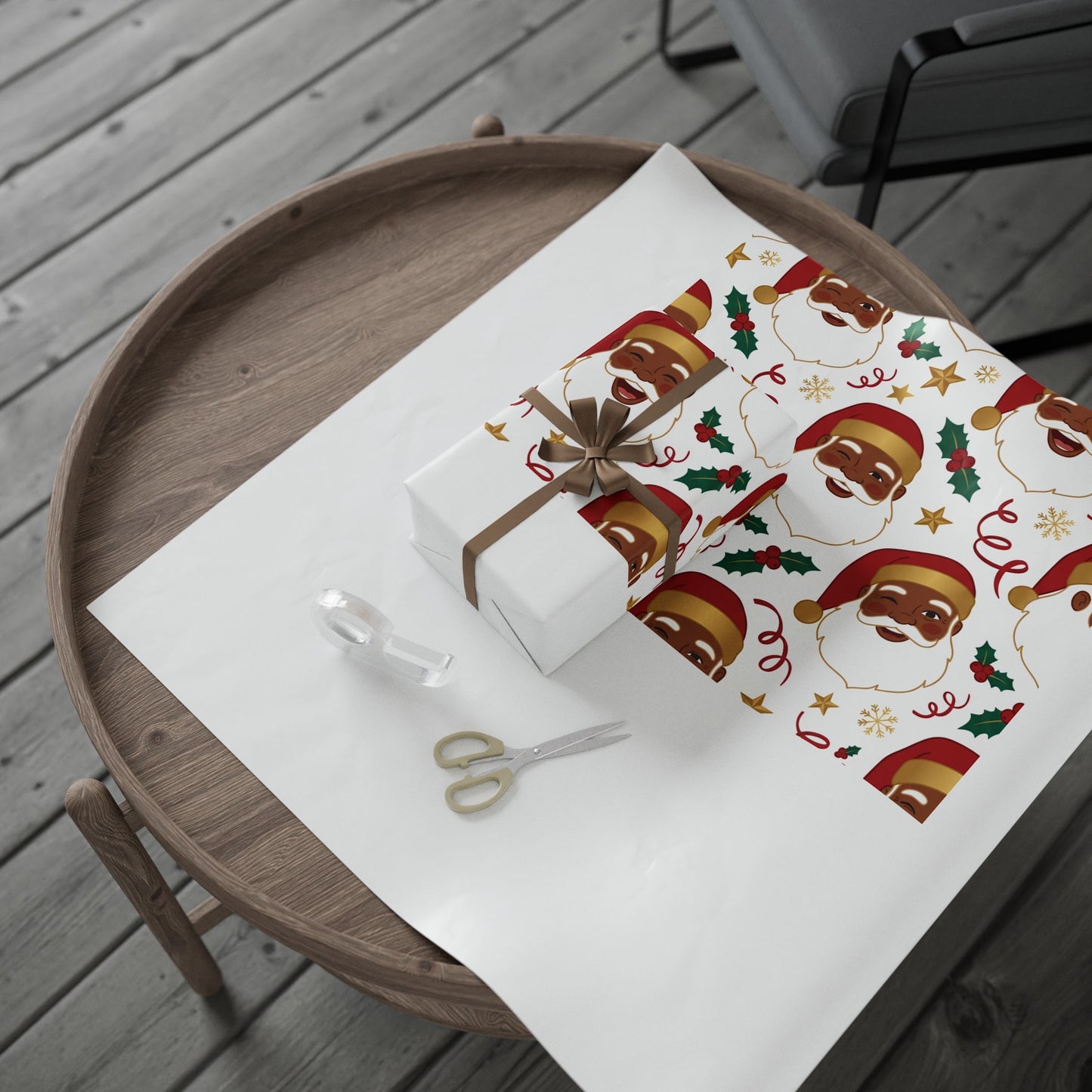 Black Santa Claus Wrapping Paper - Festive Holiday Gift Wrap with Holly & Ribbons