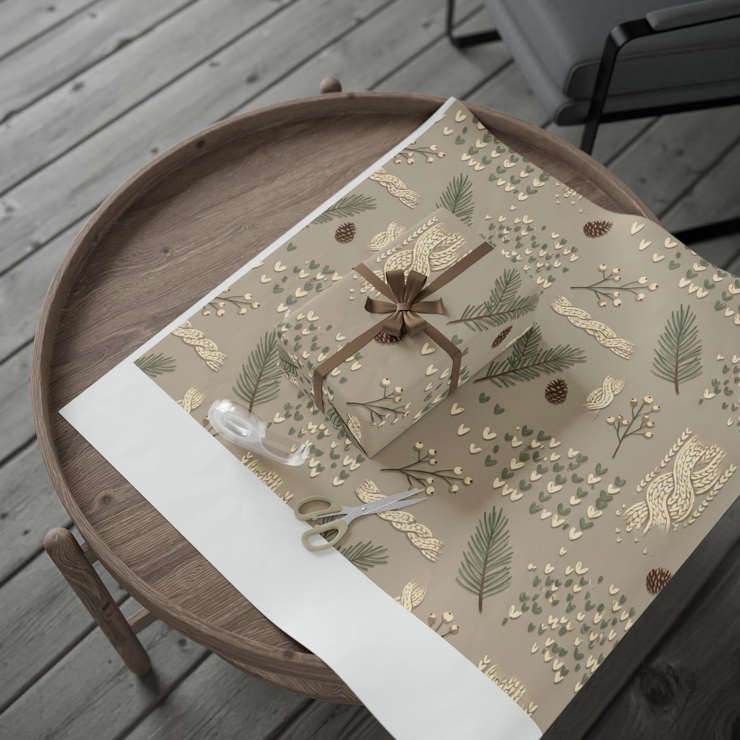 Neutral Winter Foliage Wrapping Paper — Pinecones & Knit Pattern Gift Wrap