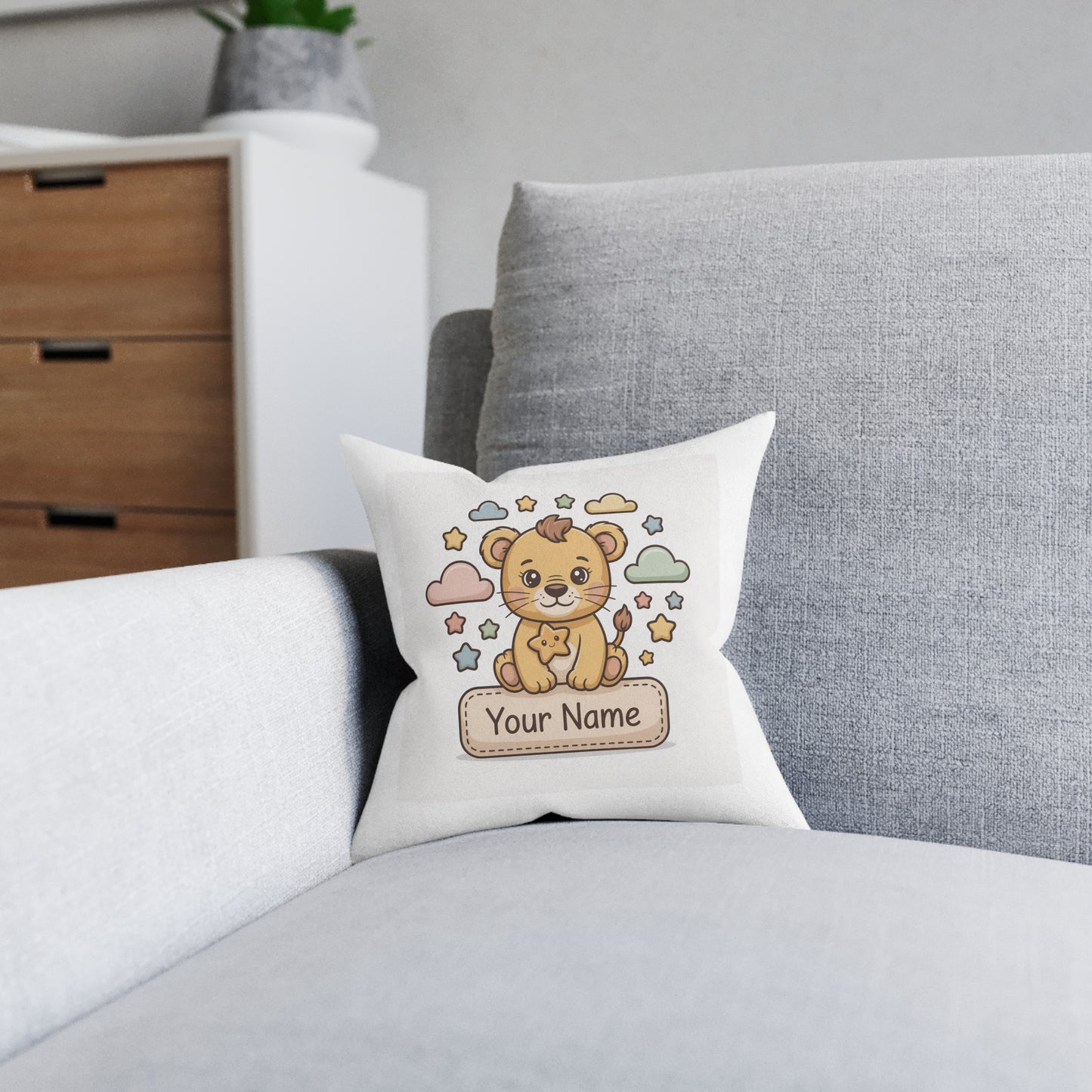Personalized Cute Lion Nursery Pillow – Custom Name Square Pillow with Pink Backing