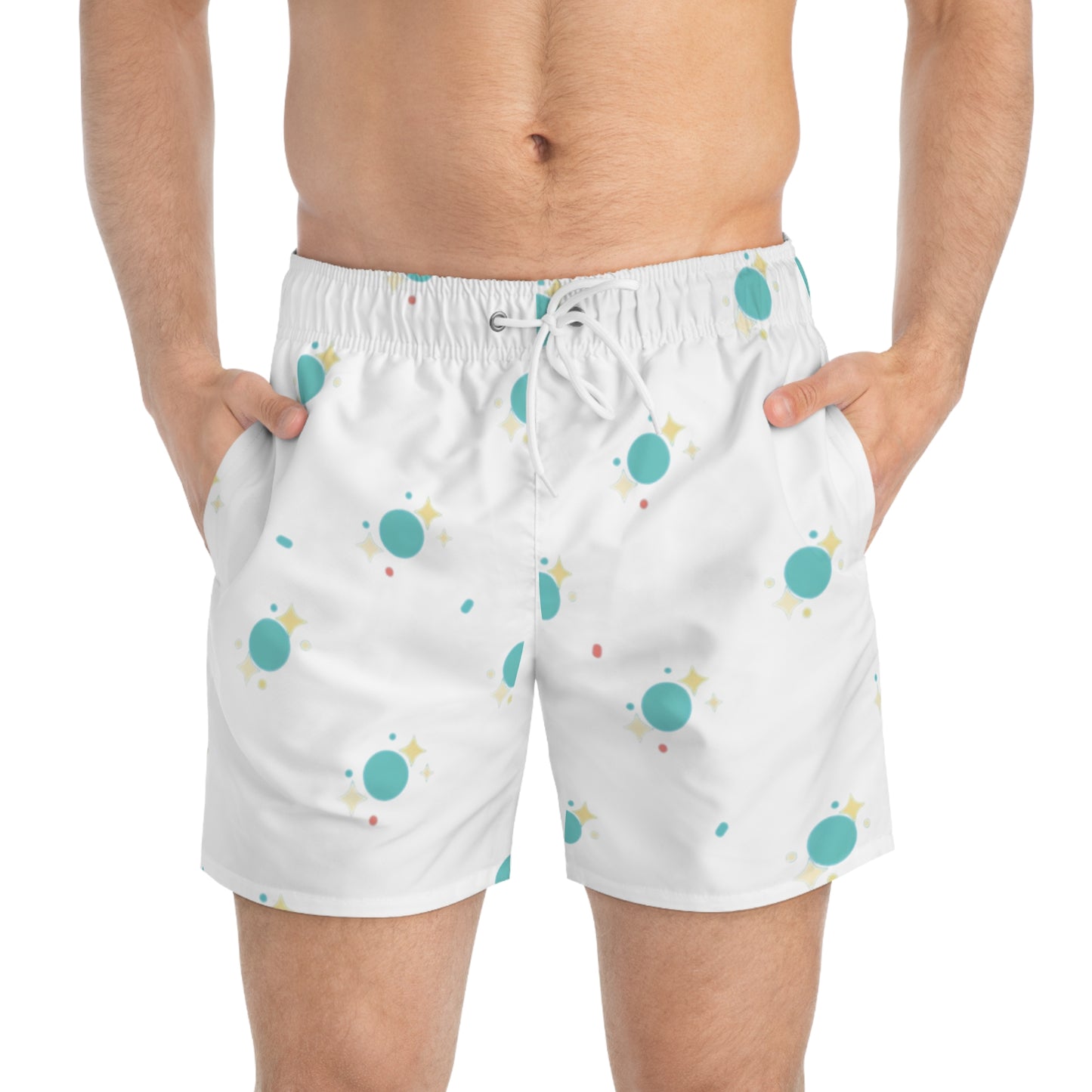 Planet Dot Pattern Swim Trunks — Retro Teal Space Print