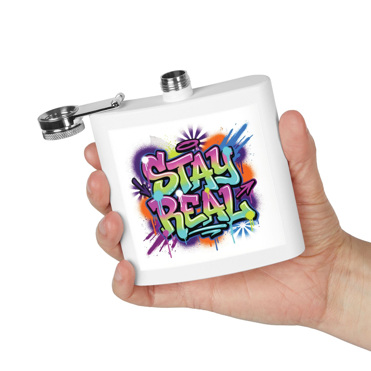 Flask — 'Stay Real' Colorful Graffiti Stainless Steel Hip Flask (6oz)