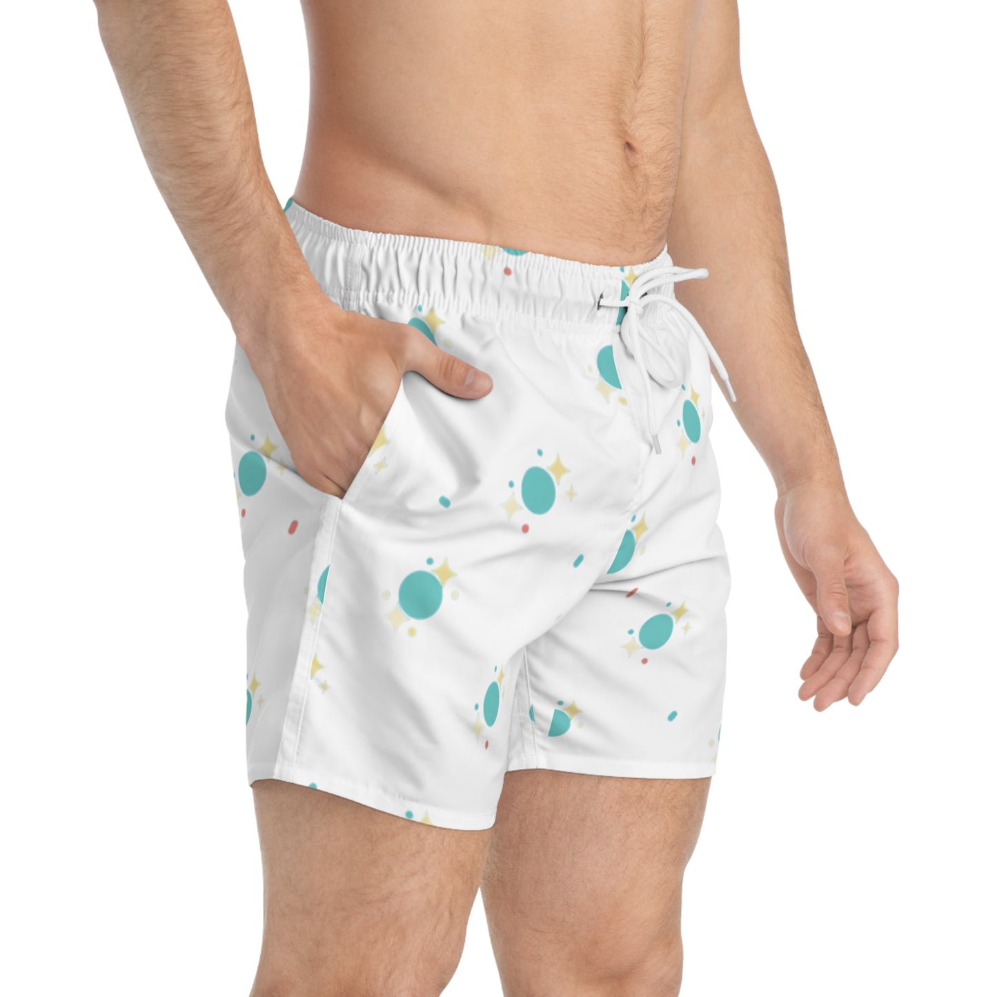 Planet Dot Pattern Swim Trunks — Retro Teal Space Print