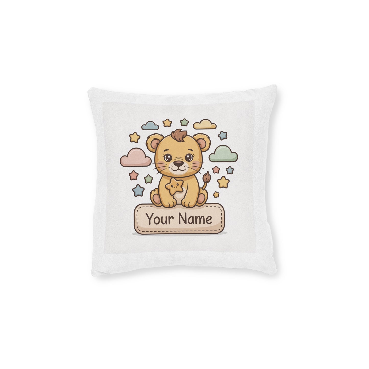Personalized Cute Lion Nursery Pillow – Custom Name Square Pillow with Pink Backing