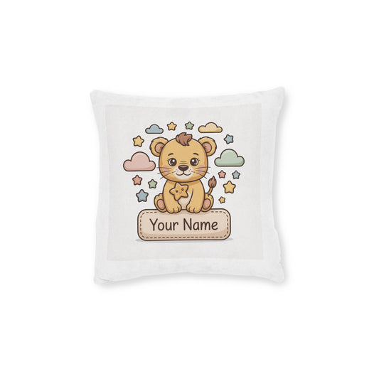 Personalized Cute Lion Nursery Pillow – Custom Name Square Pillow with Pink Backing