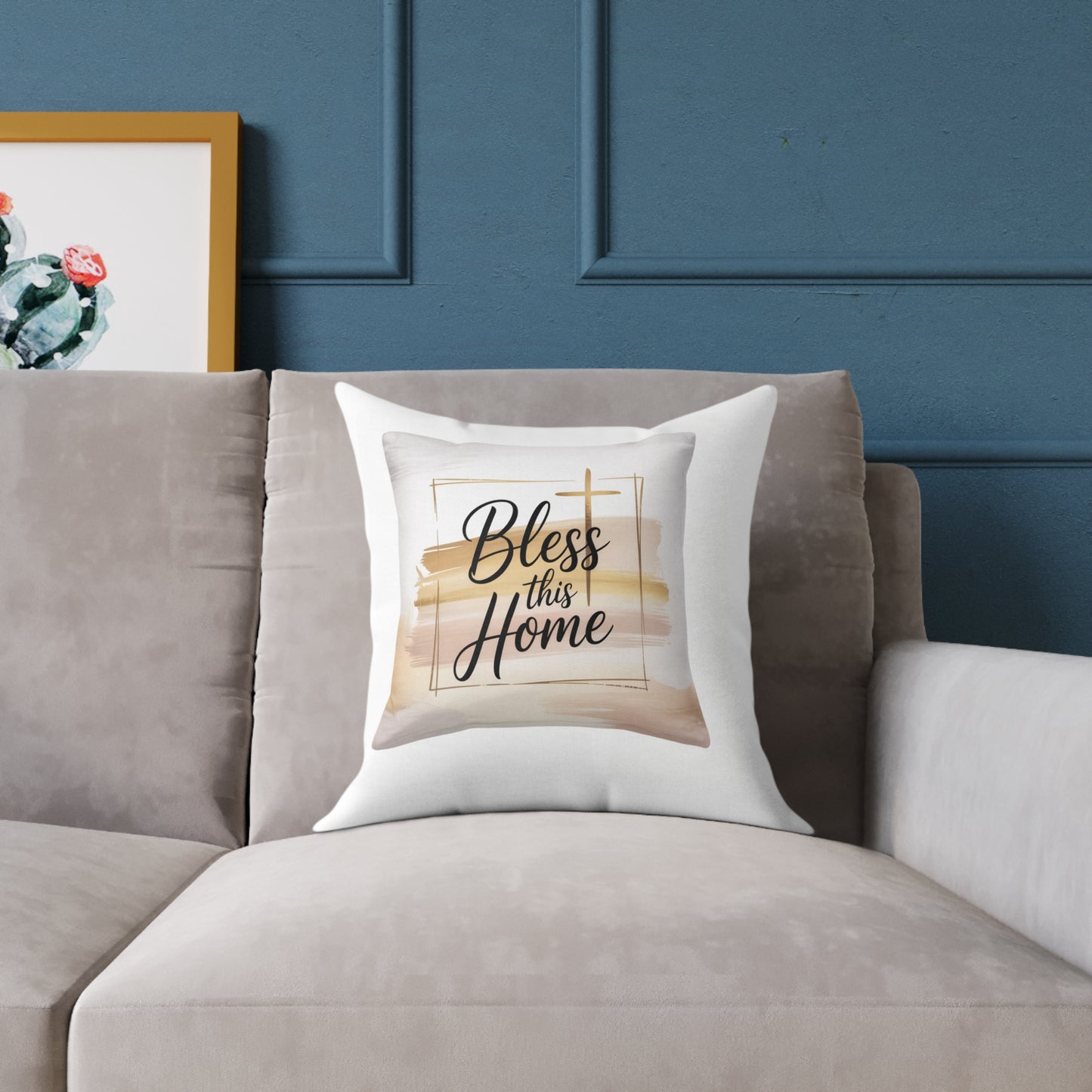 Bless This Home Pillow – Neutral Boho Square Throw Pillow with Script & Cross