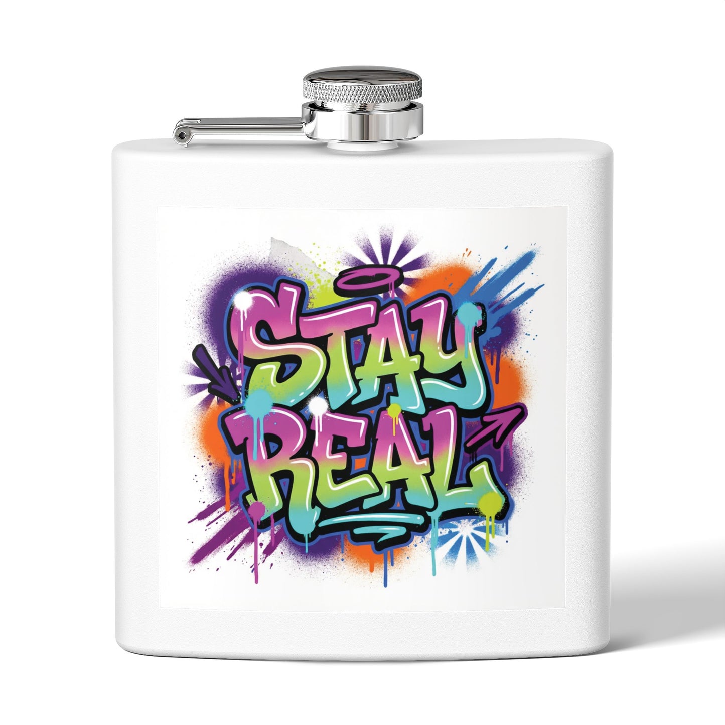 Flask — 'Stay Real' Colorful Graffiti Stainless Steel Hip Flask (6oz)
