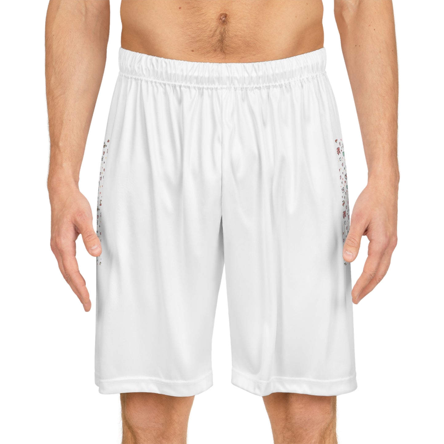 Basketball Shorts — White AOP Shorts with Confetti Pocket Panels