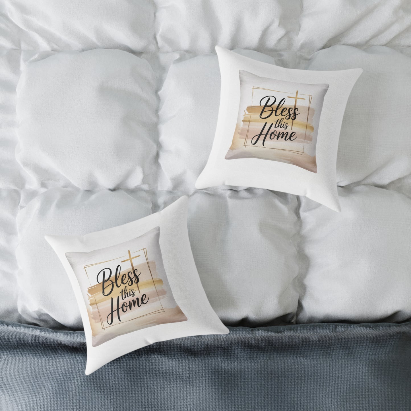 Bless This Home Pillow – Neutral Boho Square Throw Pillow with Script & Cross