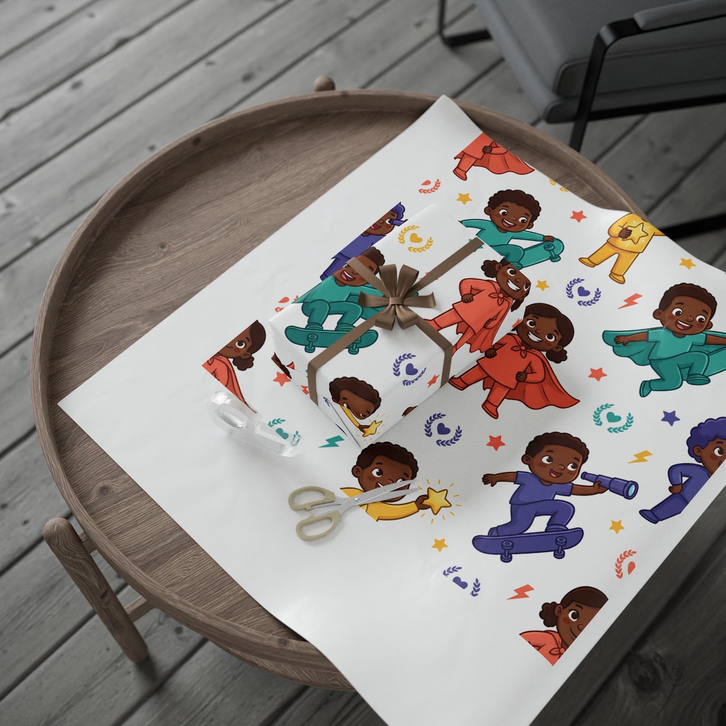 Superhero Kids Wrapping Paper — Diverse Cartoon Kids in Capes Gift Wrap