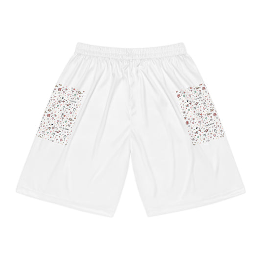 Basketball Shorts — White AOP Shorts with Confetti Pocket Panels