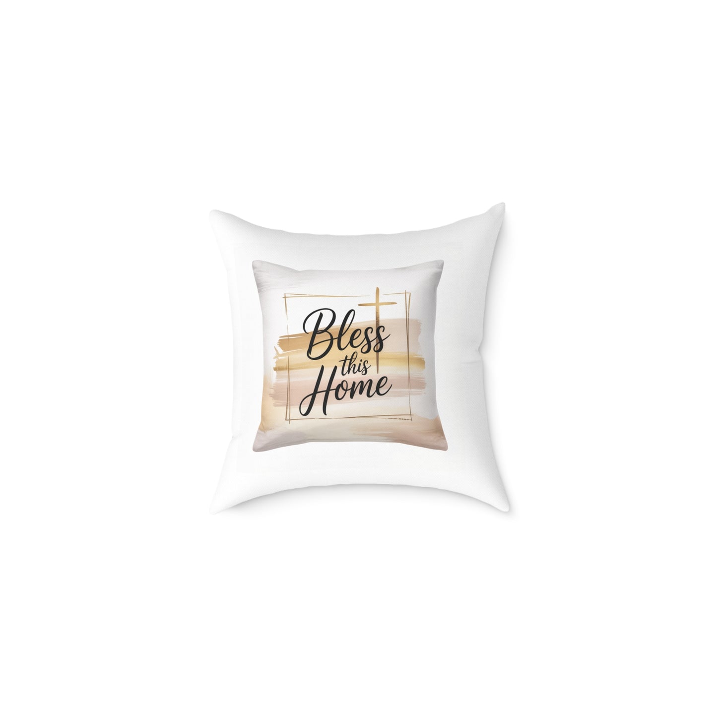 Bless This Home Pillow – Neutral Boho Square Throw Pillow with Script & Cross
