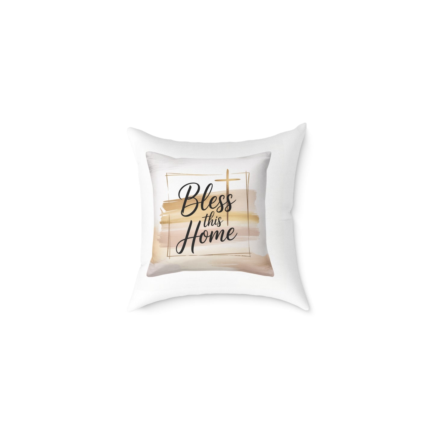 Bless This Home Pillow – Neutral Boho Square Throw Pillow with Script & Cross