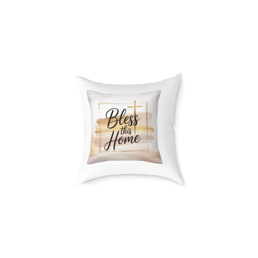 Bless This Home Pillow – Neutral Boho Square Throw Pillow with Script & Cross