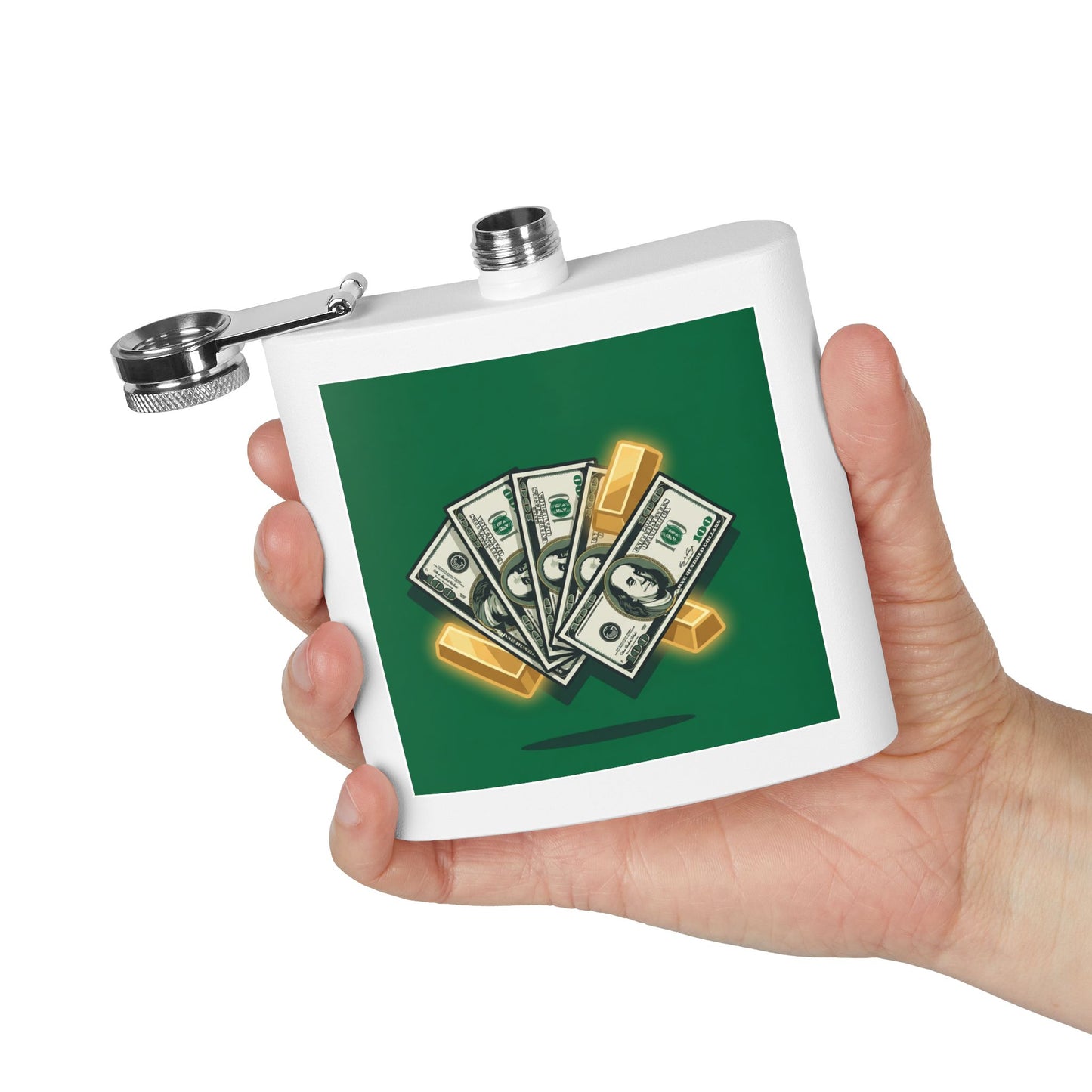 Money & Gold Flask — 6oz Stainless Steel Pocket Hip Flask