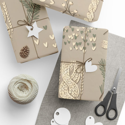 Neutral Winter Foliage Wrapping Paper — Pinecones & Knit Pattern Gift Wrap
